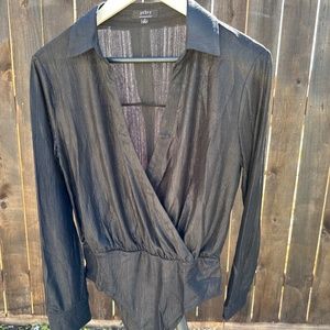 deep v black metallic collared blouse body suit with